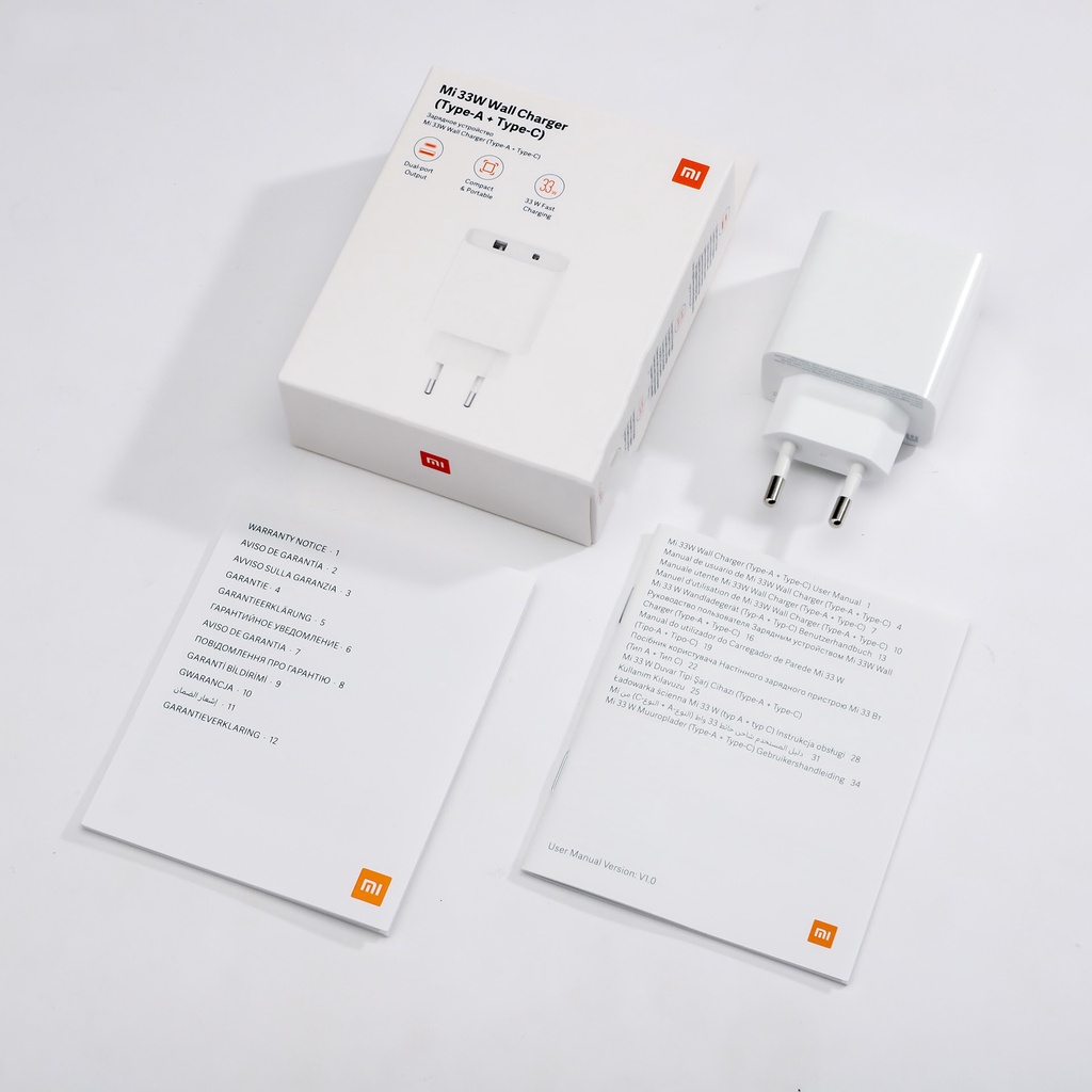 Củ sạc nhanh Xiaomi 33W Wall Charger 1A1C AD332EU quốc tế chân tròn, Cốc sạc nhanh PD, 2 đầu ra Type A và Type C