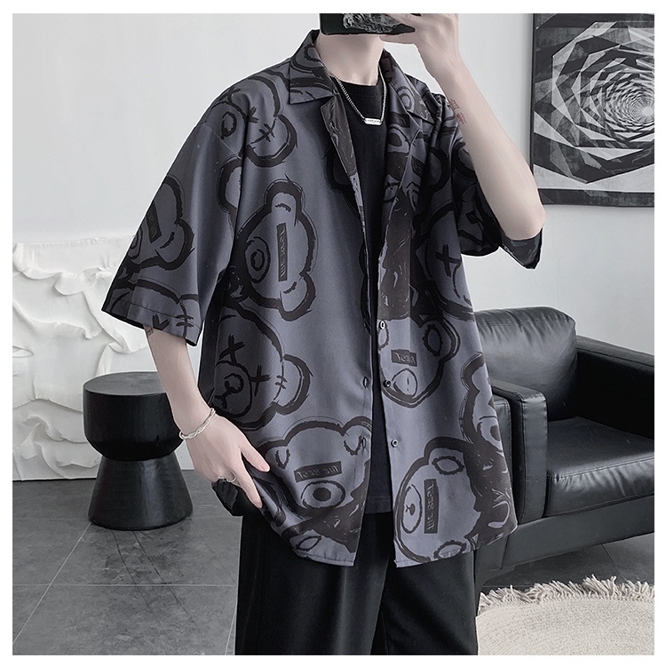Áo Sơ Mi Cotton Tay Ngắn Dáng Rộng In Hình Gấu Thời Trang Phong Cách Hip Hop Hàn Quốc Cho Nam Size M-3Xl 3 Màu Tùy Chọn | BigBuy360 - bigbuy360.vn