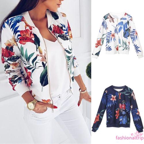 ì _ íFashion Womens Ladies Retro Floral Zipper Up Bomber Jacket Casual Coat Outwear