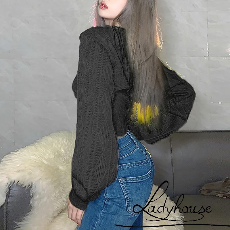 Set áo croptop dệt kim không tay và áo tay dài màu trơn thời trang cho nữ