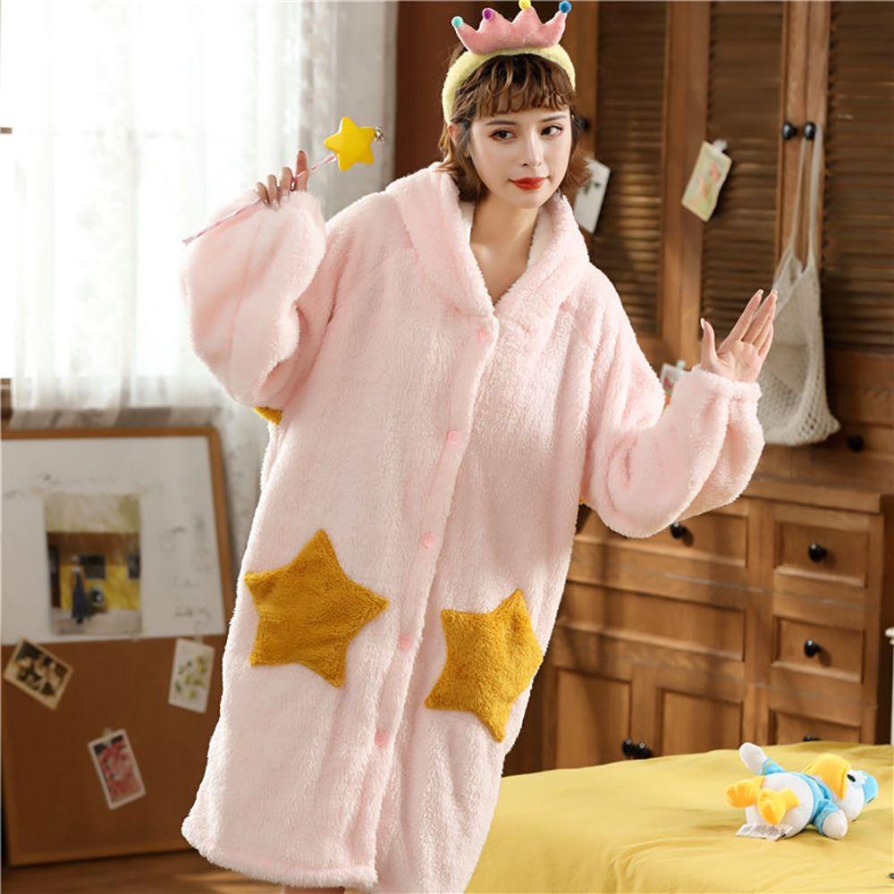 OCEANMAP Áo Choàng Ngủ Có Nón Bằng Vải Lông Cừu San Hô Họa Tiết Hoạt Hình Dễ Thương Dành