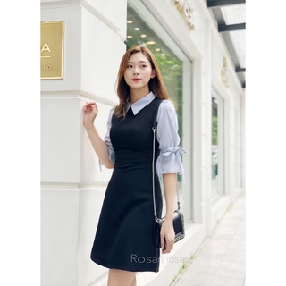 Váy đầm đen phối tay kẻ xanh vm47 rosara