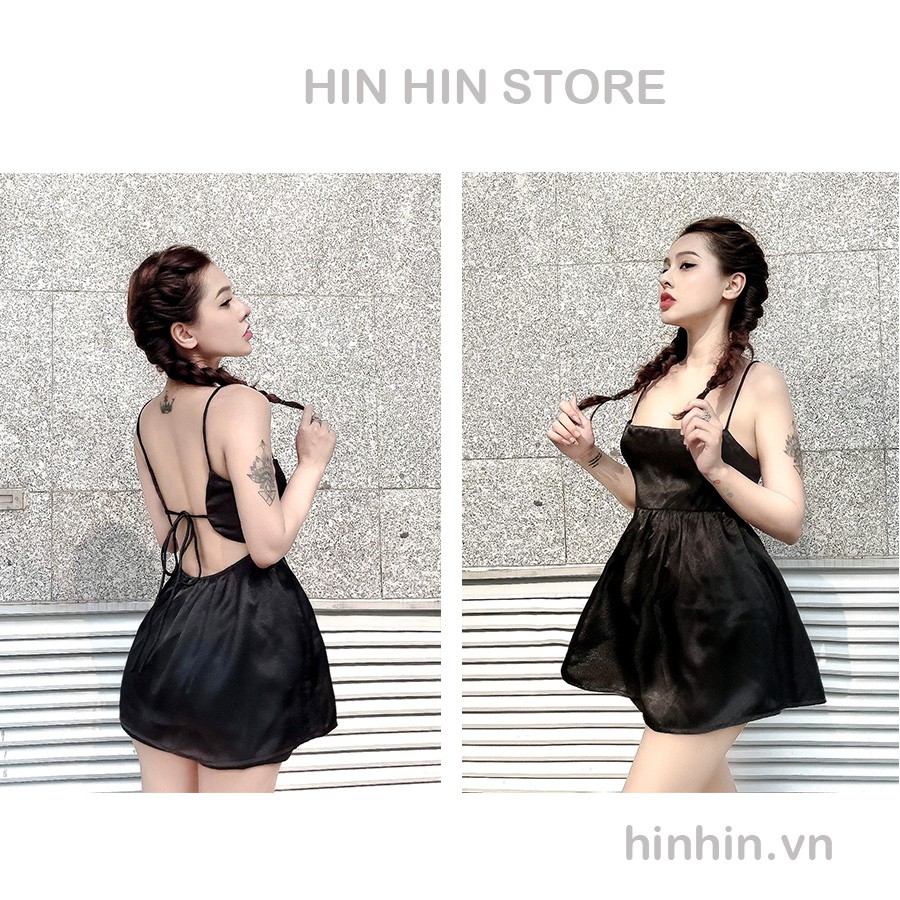 Set lụa 2 dây hở lưng màu đen áo babydoll xoè & quần short ôm co giản HS71 - Hỉn Hỉn Store