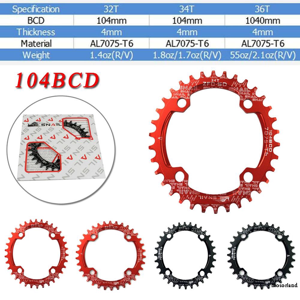 SNAIL 104bcd 32T 34T 36T 38T 40T 42T MTB Bike Chainring Narrow Wide Chainwheel