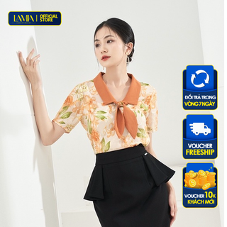 Áo sơ mi nữ thiết kế Lamia Design SM362 màu cam phối nơ thắt lụa điệu đà