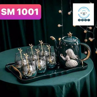 BỘ BÌNH SỨ, 6 CỐC THỦY TINH SM1001 , SM1002  KÈM KHAY SỨ XANH LỤC HỌA TIẾT THIÊN THẦN VÀ SAO ĐẾM