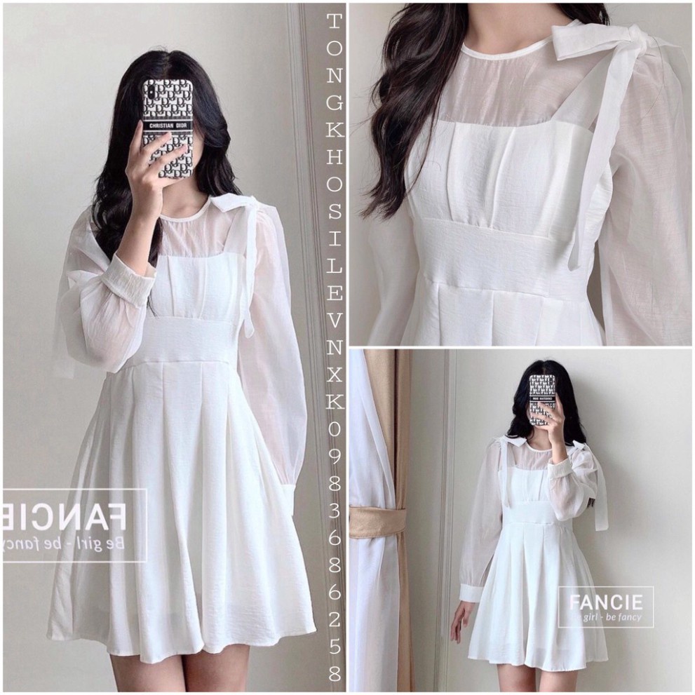 {SP mới - sẵn} - ĐẦM TRẮNG DÀI TAY DỰ TIỆC BUỘC NƠ VAI PHỐI VOAN TRẮNG ULZZANG - VÁY ĐŨI TAY VOAN CHIẾT LI XÒE KHÓA KÉO