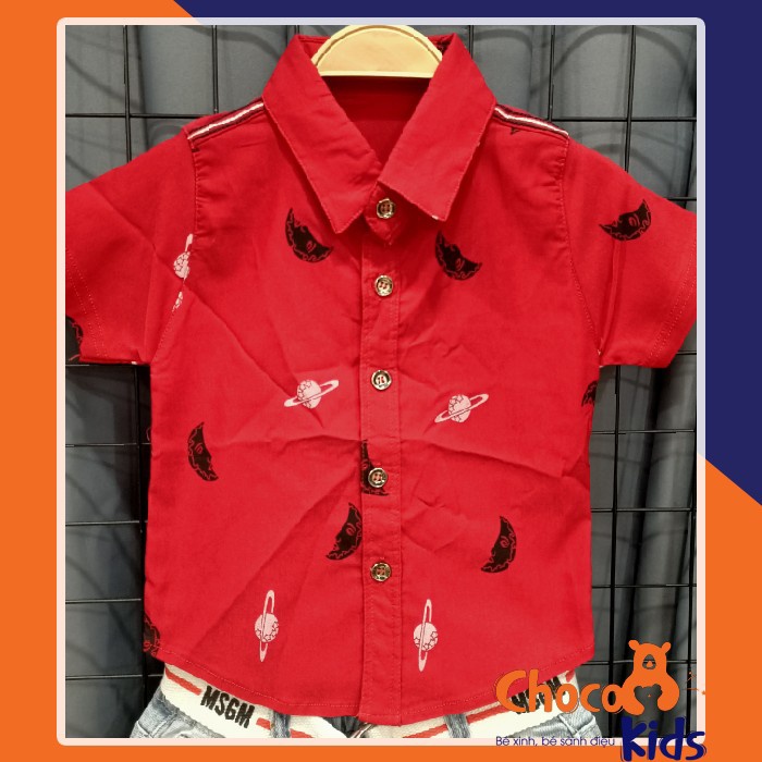 ÁO SƠ MI BÉ TRAI MÀU ĐỎ THUN COTTON CO GIÃN 4 CHIỀU HỌA TIẾT MẶT TRĂNG