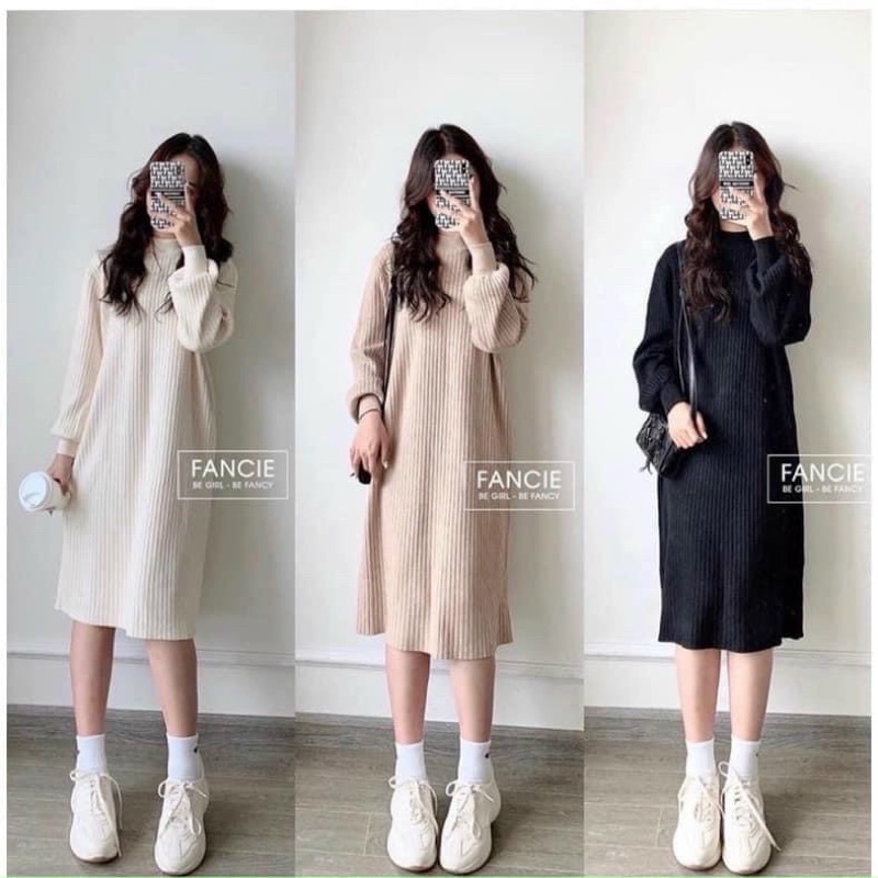 Váy len cổ 3 phân tay bồng dáng suông hàng QC 3 màu bầu bí bon chen được
