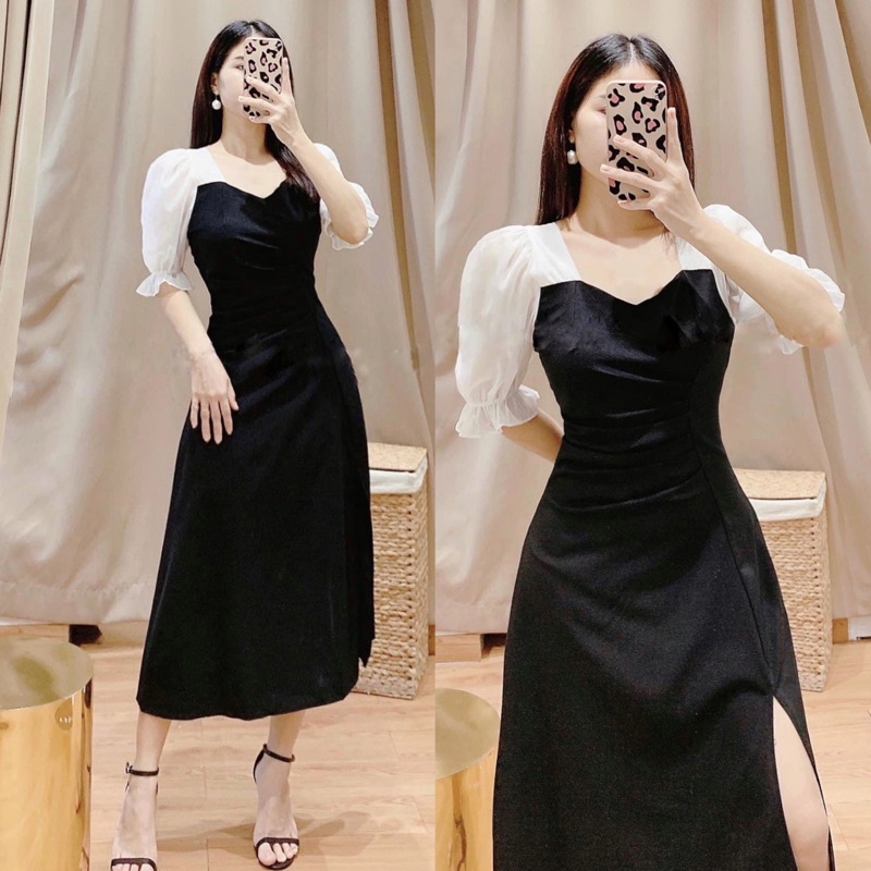 Đầm dự tiệc xếp li eo xẻ tà phối trắng ảnh thật