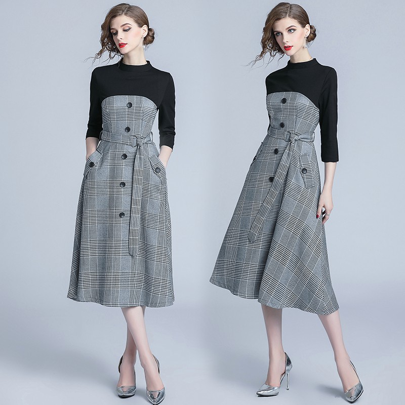 Women's Fashion High Quality Midi Paneled Check Dress With Belt | BigBuy360 - bigbuy360.vn