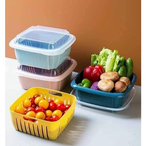 BỘ RỔ NHỰA 3 MÓN 25CM KÈM THAU CÓ NẮP ĐẬY - BỘ HỘP NHỰA ĐỰNG RAU CỦ QUẢ