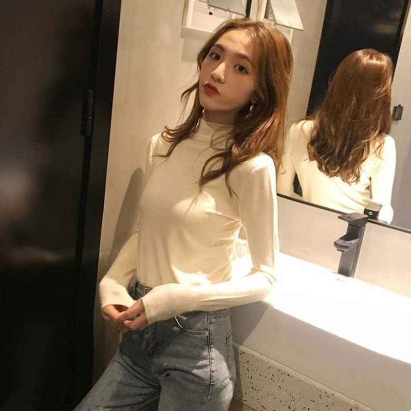 2020 autumn half high neck slim fit autumn and winter bottoming shirt all-match long-sleeved T-shirt women clothes top | BigBuy360 - bigbuy360.vn