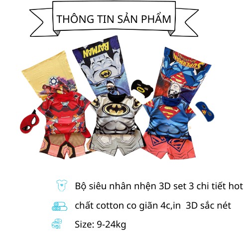 Bộ siêu nhân, người nhện, người sắt in hình 3D đi kèm mặt nạ, áo choàng cho bé trai chất liệu cotton mềm mại size 7-20kg