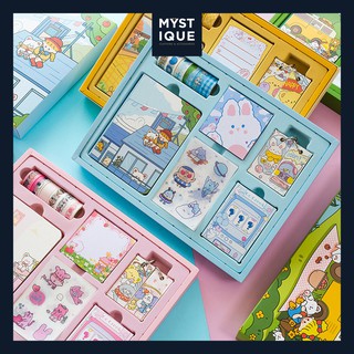 Sticker dán trang trí Handbook SET 21 món, gồm 6 cuộn Washi tape - 10 tờ Sticker dán trang trí - Giấy note - hộp quà