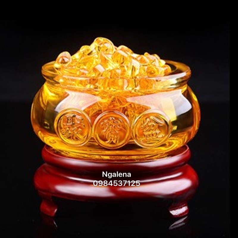Hũ vàng bát tụ bảo chiêu tài chiêu lộc bằng lưu ly ( 6-8-10-12cm) - Kèm đế và thỏi vàng như hình