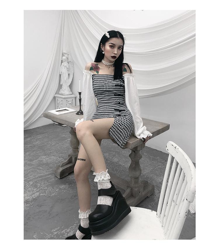 Đầm tay dài không dây họa tiết caro ôm eo cho nữ