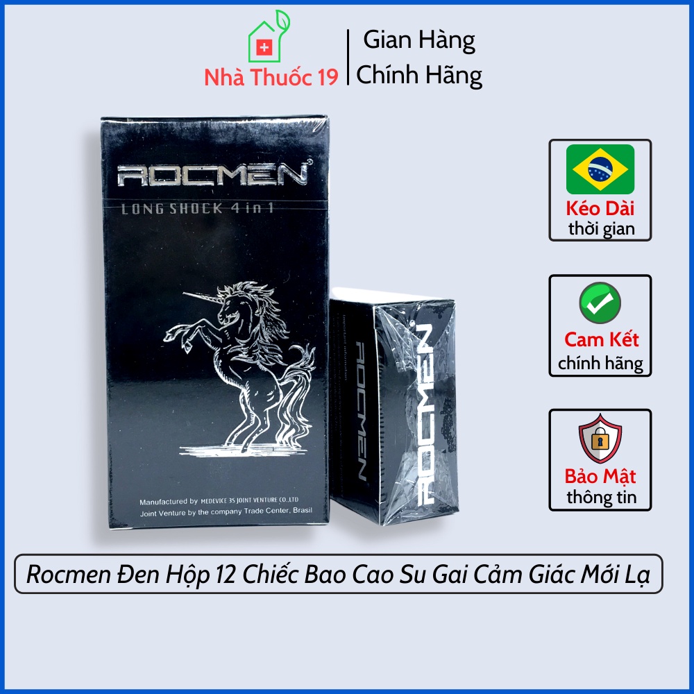 Bao Cao Su Rocmen Đen Long Shock 4in1 (Hộp 12 Cái) - Bao Cao Su Gai Cho Cảm Giác Mới Lạ, Hương Bạc Hà Công Nghệ Brazil