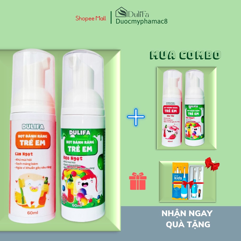 Combo 4 kem đánh răng cho bé nuốt được tạo bọt Dulifa thành phần hữu cơ hương dâu, hương cam, hương kẹo ngọt 60ml