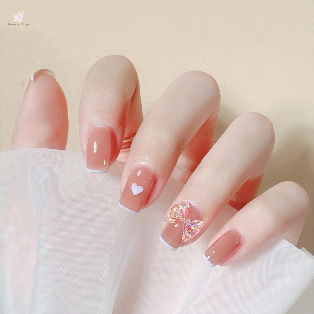 Set 24 móng tay giả họa tiết trái tim và nơ xinh xắn cho nữ