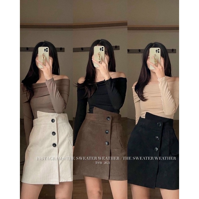 Set áo dài tay Trễ vai kèm chân váy nhung tăm 3 cúc lệch Hiện đại - Có tách set bán rời áo và váy