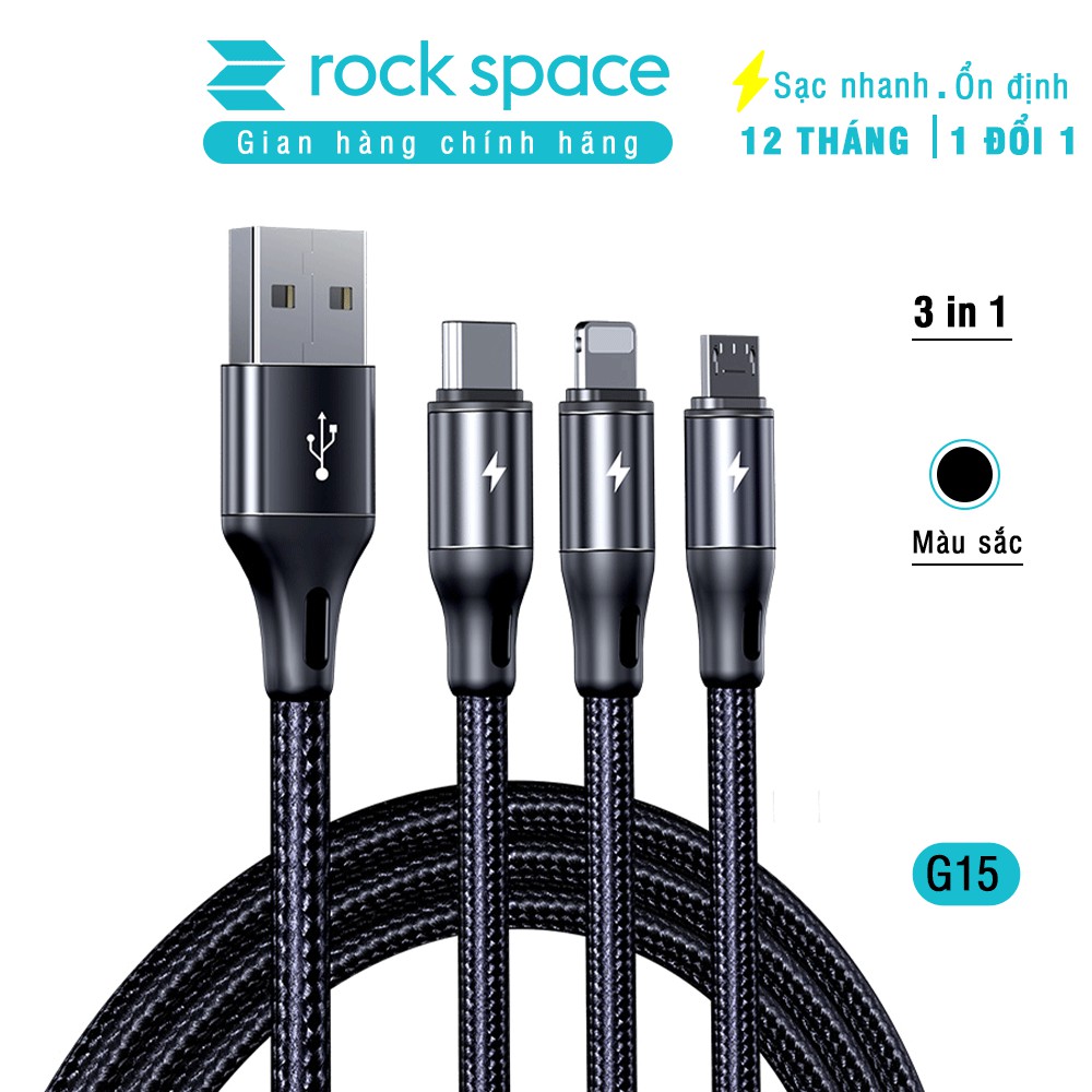 Cáp sạc Rockspace G15 dây dù 3 cổng Lightning / Micro USB/ chuẩn C sạc 3 thiết bị cùng lúc,sạc nhanh, hàng chính hãng