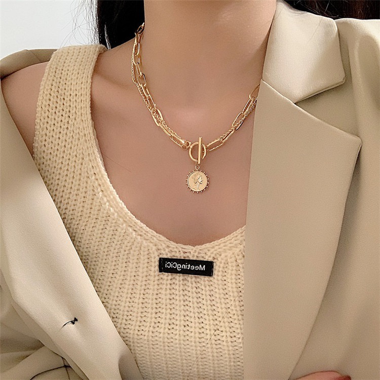 Vòng cổ mặt đồng xu kim loại hai lớp phong cách thời trang Hàn Quốc