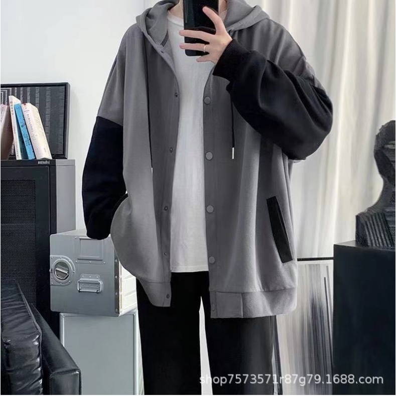 Áo khoác mũ bomber phối đen ghi