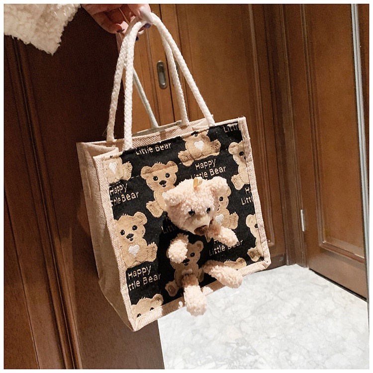 Túi Cói Túi Tole Mini Kèm Gấu Có Khóa Kéo Phong Cách Vintage Túi Xách Nữ Cói Họa Tiết Bò Sữa Siêu Đáng Yêu