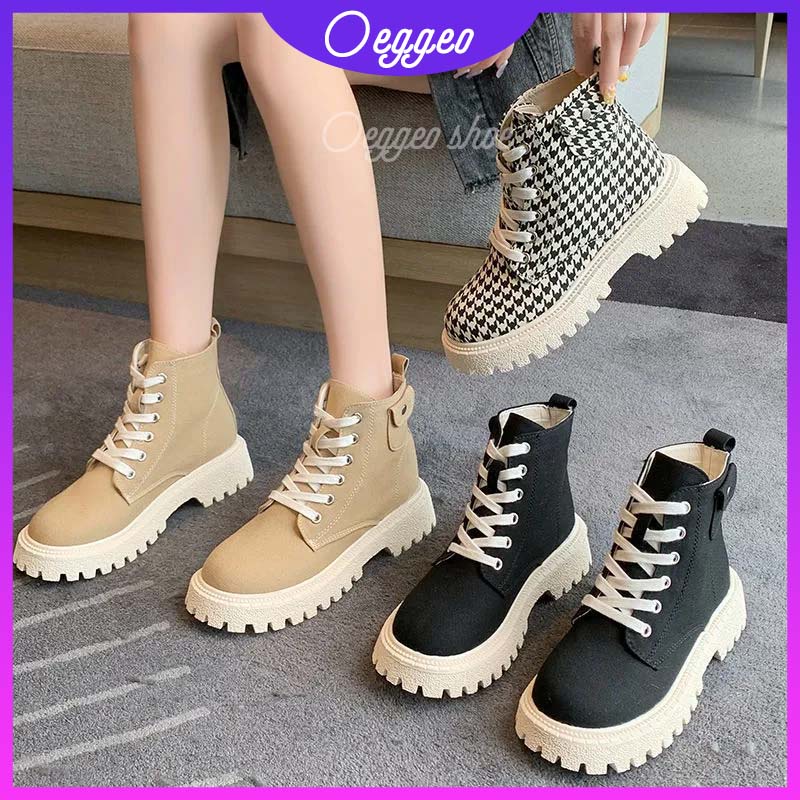 Oeggeo Giày Bốt Martin Cổ Ngắn Buộc Dây Kẻ Sọc Thiết Kế Cá Tính Cho Nữ