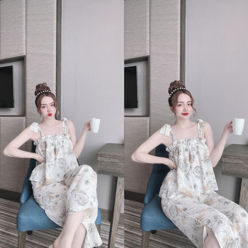 Bộ dài mặc nhà ❣️FREE SHIP❣️ Đồ Mango Dài quần xẻ tà Chất Siêu Mát &lt;70kg