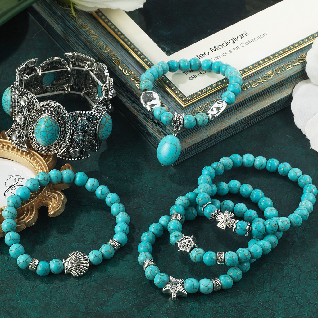 Vòng Tay Hạt Đá Lam Ngọc Tự Nhiên 8mm Phong Cách Bohemian