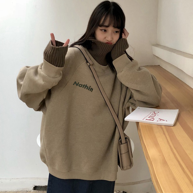 Áo sweater tay dài form rộng cổ cao thời trang mùa thu trẻ trung xinh xắn cho nữ