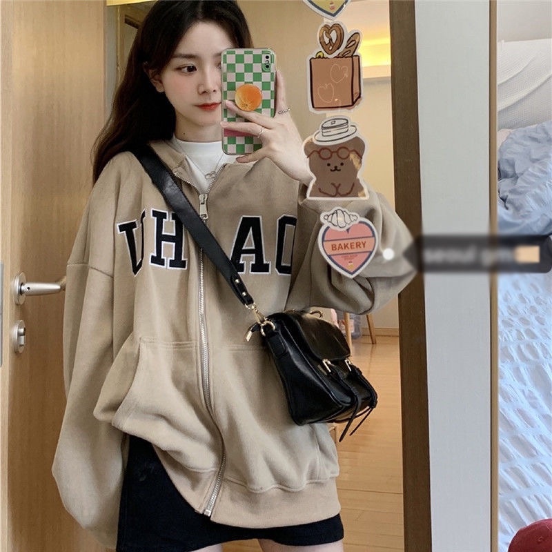 Áo Khoác Ngoài OA-HU Hoodie Khoá Kéo Nỉ Bông Có Mũ Dày Dặn Màu Nâu Be Phong Cách Hàn Quốc