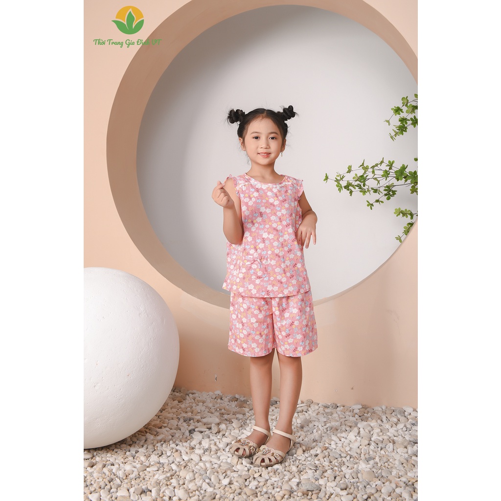 Bộ đồ cotton Việt Thắng quần đùi áo sát nách họa tiết bé gái B62.2212