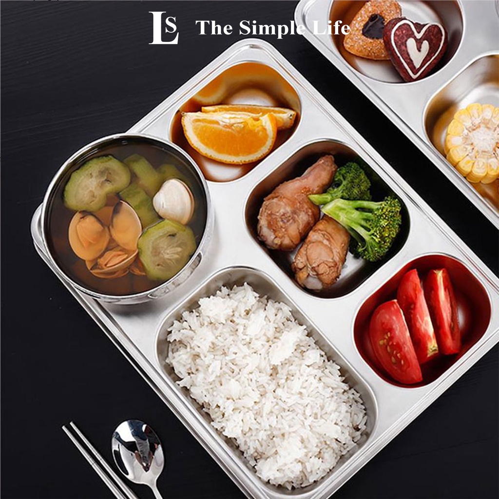 Khay đựng cơm inox 5 ngăn, khay đựng thức ăn, cơm văn phòng sâu lòng Hàn Quốc bằng inox cao cấp [CHÍNH HÃNG]