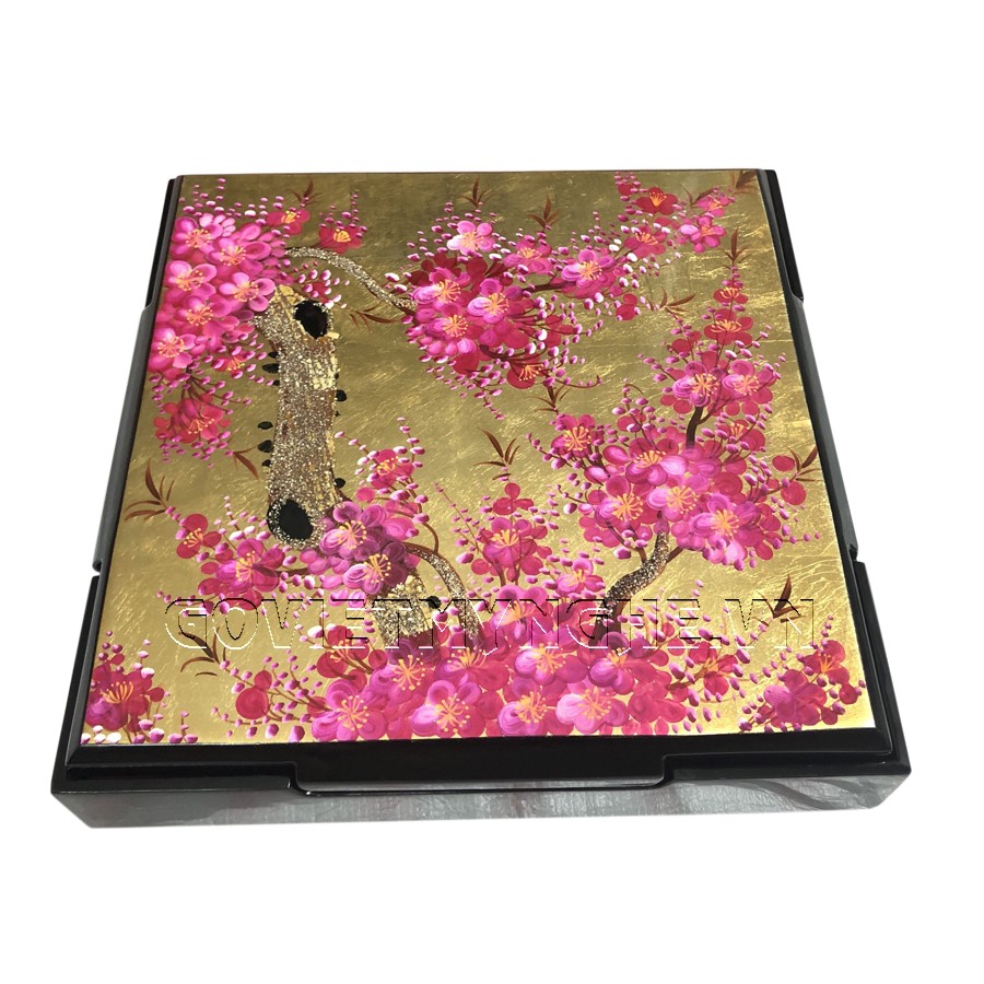 Hộp Mứt Sơn Mài Vuông 30cm - Vẽ hoa đào tím &amp; nền vàng