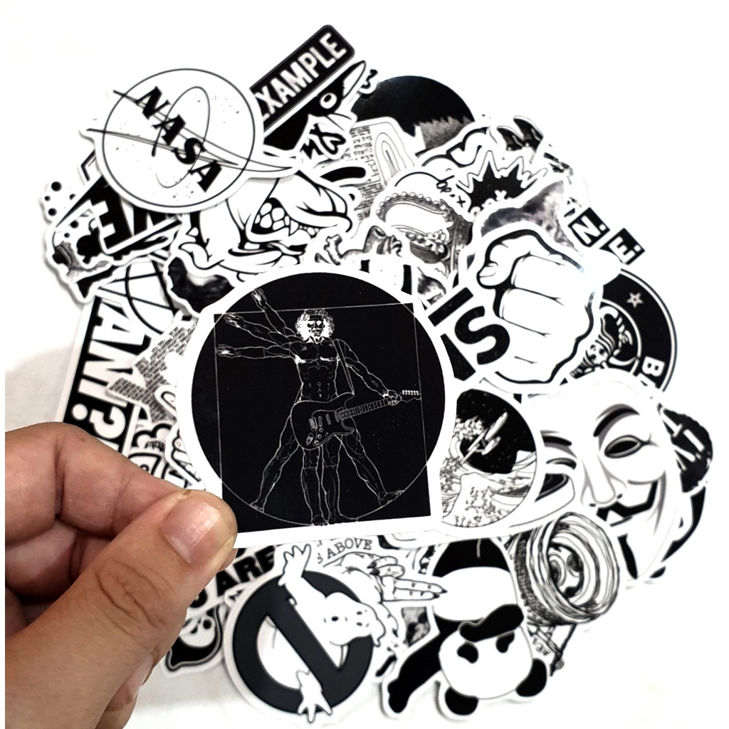 Bộ sticker trang trí mũ bảo hiểm, đàn, guitar, ukulele, điện thoại laptop chủ đề Black and white đen trắng