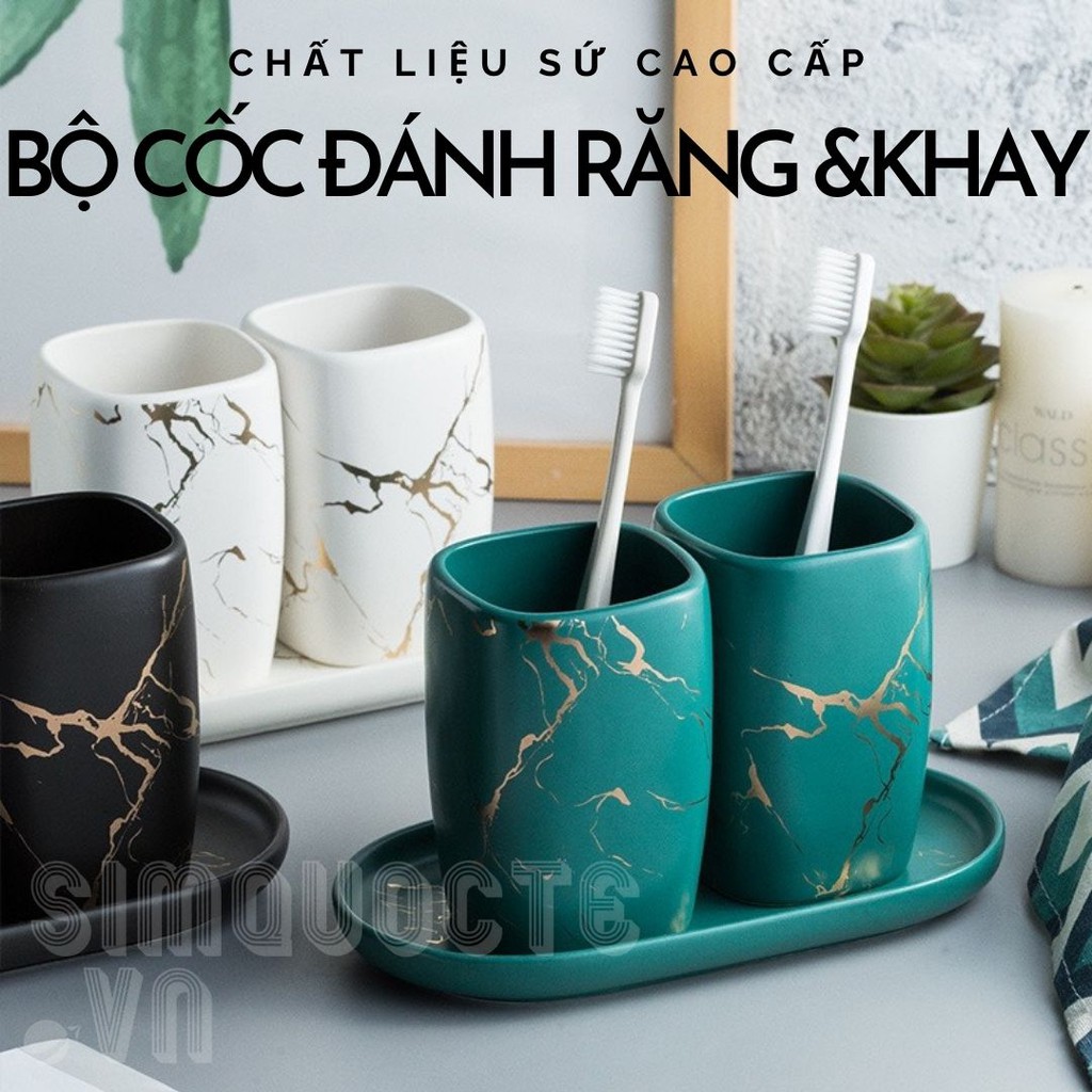 Bộ cốc đựng bàn chải đánh răng bằng sứ vân đá BS04