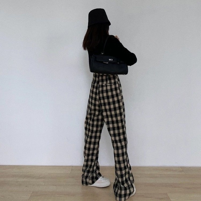 Quần Dài Ống Rộng Họa Tiết Caro Thời Trang Nữ