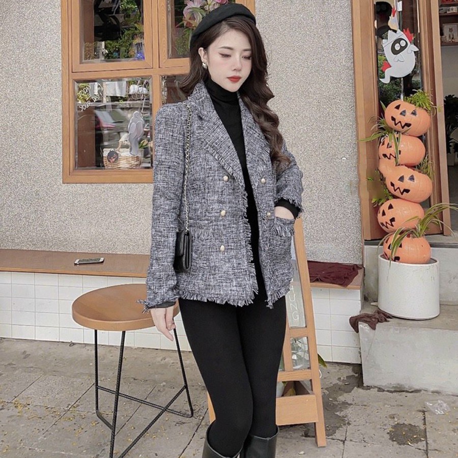 Áo dạ nữ dài tay TEMA - Áo dạ tweed xám ghi tua rua siêu xinh