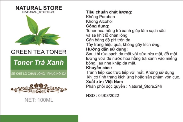 Toner Chiết xuất Trà Xanh 100% Organic - Green tea rose water - Cửa hàng thiên nhiên Handmade