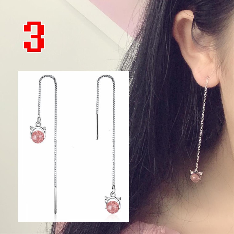 Bông Tai Mạ Bạc 925 Hình Mèo Và Dâu Tây Đính Pha Lê