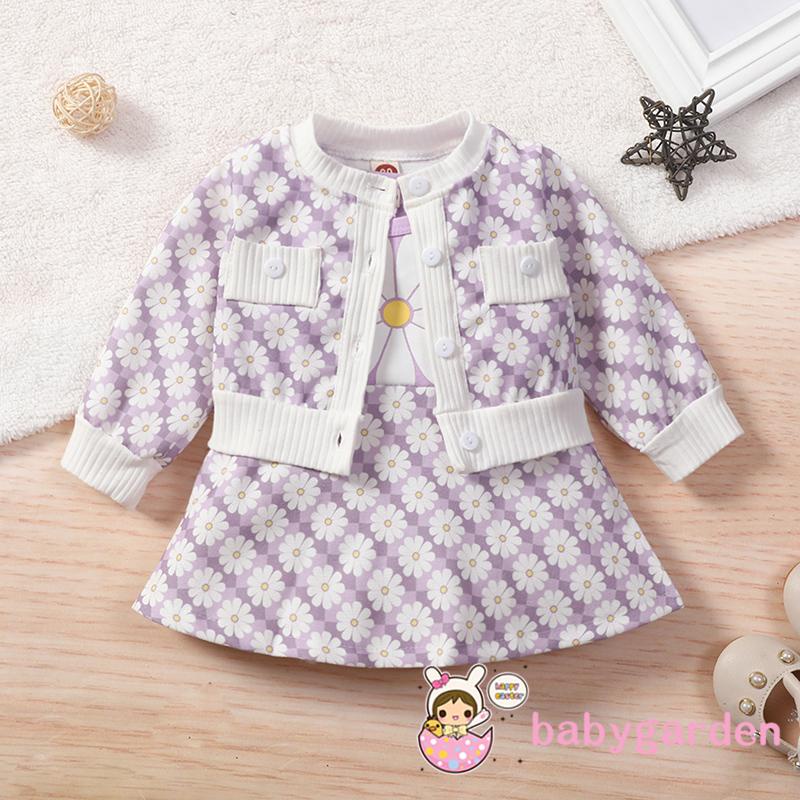 Set áo khoác hoa + đầm chữ A không tay cổ tròn eo cao + áo khoác cardigan màu tím/ hồng cho bé