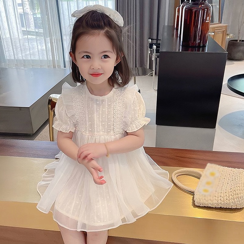 Đầm Công Chúa Tay Phồng Cổ Tròn Viền Ren Màu Trơn Kiểu Phương Tây Thời Trang Mùa Hè Cho Bé Gái