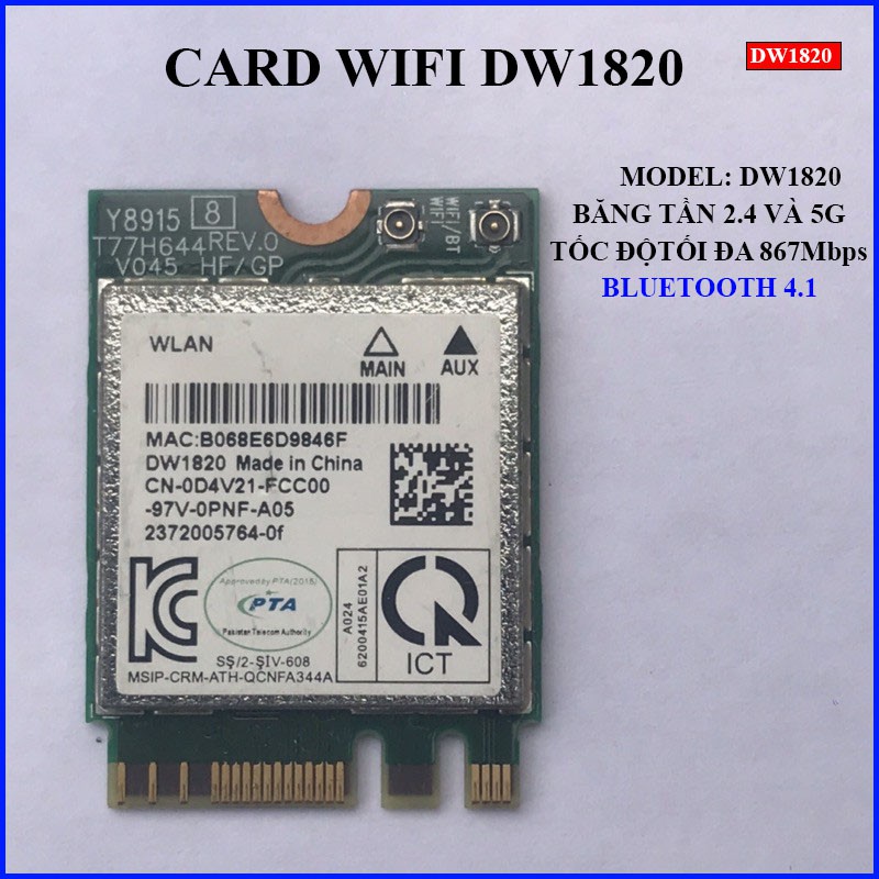 Card wifi dành cho máy tính Dell 1820 DW1820 băng tần kép 2.4g và 5g kèm bluetooth 4.1 (Driver mới Bluetooth 5.0)