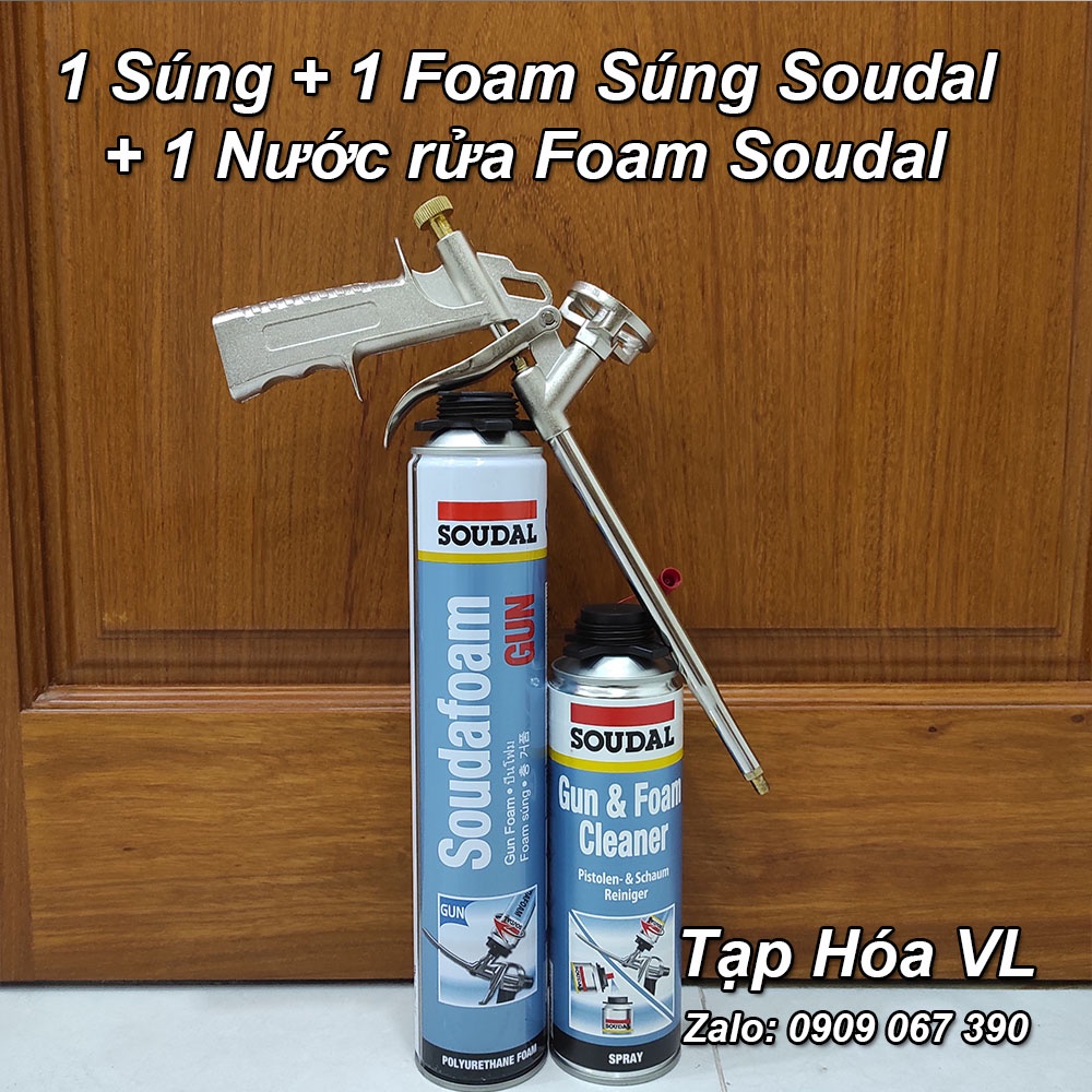1 Súng bắn foam bọt nở + 1 Foam Súng Soudal 750ml + 1 Nước Rửa Foam Soudal 500ml