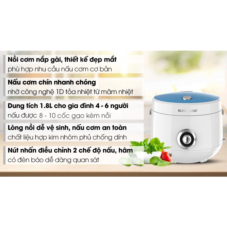 Nồi cơm điện SUNHOUSE HappyTime 1,2-1,8lít 8521 chống dính nấu cơm ngon