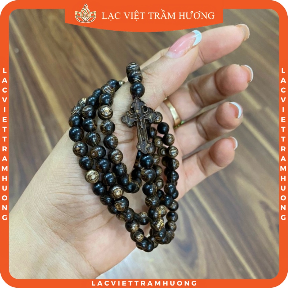Vòng Tay Trầm Hương 108 Hạt Mix Thánh Giá Thiên Chúa Trầm Sánh Chìm Tự Nhiên Cao Cấp - Lạc Việt Trầm Hương