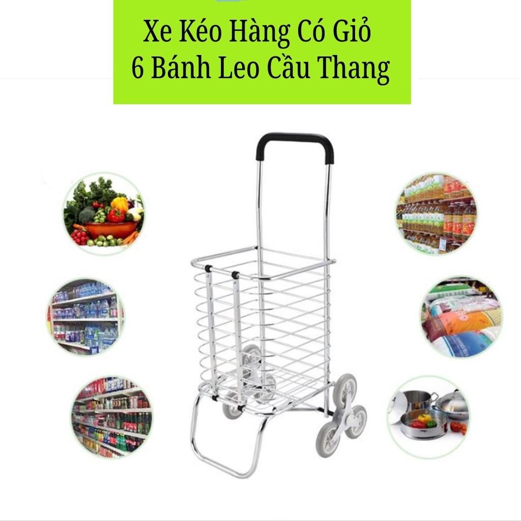 Xe Kéo Đi Siêu Thị, Đi Chợ Gấp Gọn Có Giỏ Hàng Siêu Đẹp-XDC01 inox trắng